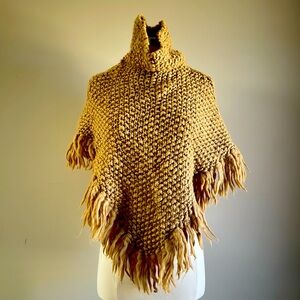Moda International Chunky Knit Fringe Poncho in Tan